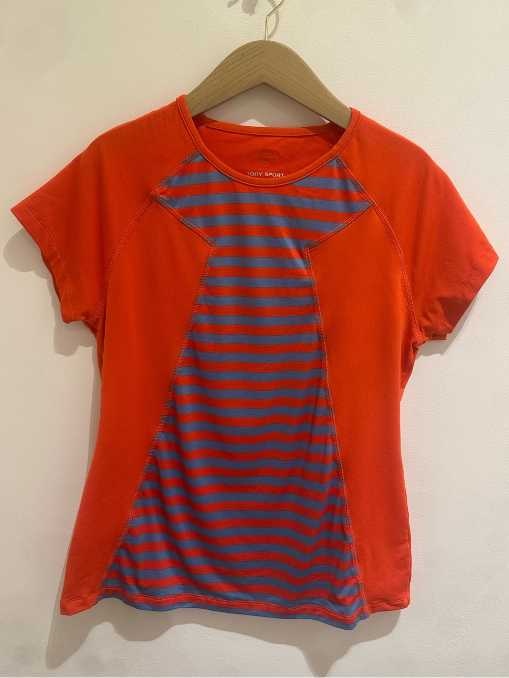 Tory Burch / Sport Orange Short-Sleeve Tee with Blue Striped Front L